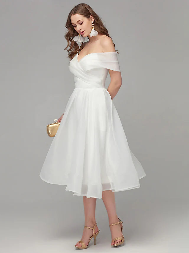 A-Line White Elegant Engagement Cocktail Party Dress Off Shoulder Sleeveless Tea Length Organza with Criss Cross Pleats
