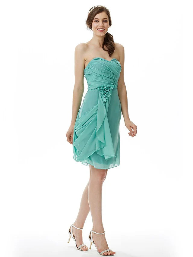 Sweetheart Neckline Strapless Knee Length Chiffon Bridesmaid Dress with Criss Cross Side Draping Flower