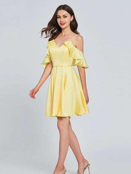 A-Line Minimalist Sexy Engagement Cocktail Party Dress V Neck Sleeveless Knee Length Satin with Pleats