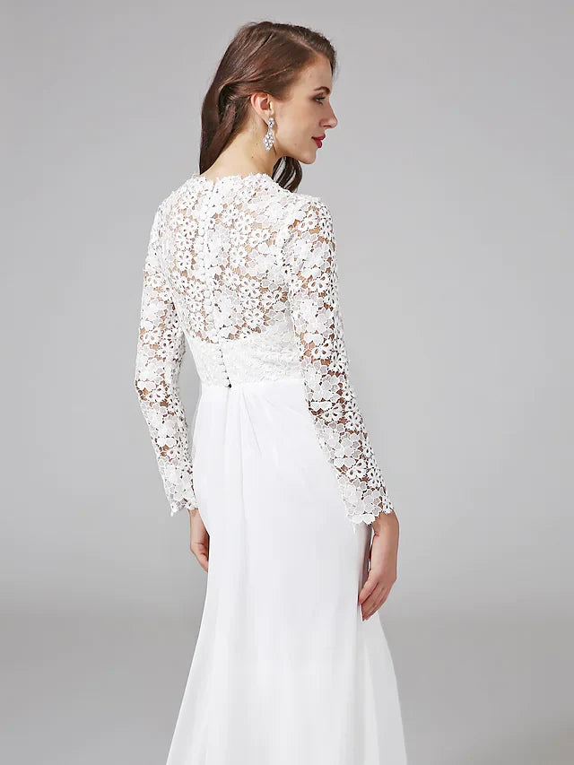 Wedding Dresses V NeckChiffon Floral Lace Long Sleeve Romantic Boho Illusion Sleeve with Back Lace Button