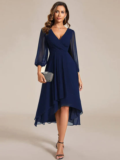 3/4 Sleeves Asymmetrical Hem A-Line Midi Wedding Guest Dress/Prom Dresses Party Dresses Wedding Guest Dresses