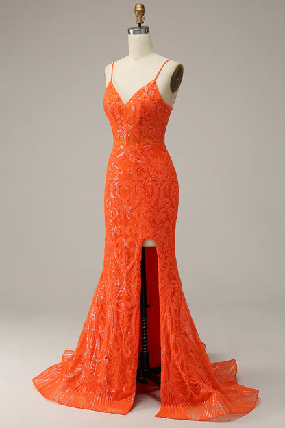 Sheath/Mermaid Spaghetti Straps Orange Sequins  Long Sweep/Brush Train Prom Dress with Slit