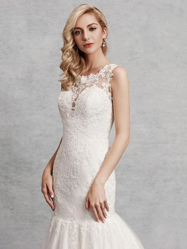 Wedding Dresses Scoop Neck Court Train Lace Satin Tulle Regular Straps Beautiful Back with Lace Appliques