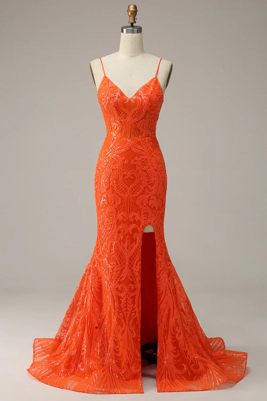 Sheath/Mermaid Spaghetti Straps Orange Sequins  Long Sweep/Brush Train Prom Dress with Slit