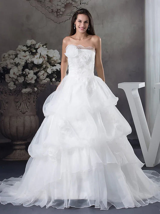 A-Line Wedding Dresses Strapless Chapel Train Organza Satin Strapless with Pick Up Skirt With Organza Layers