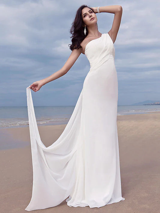 Wedding Dresses One Shoulder Chiffon Regular Straps Simple Plus Size with Side-Draped