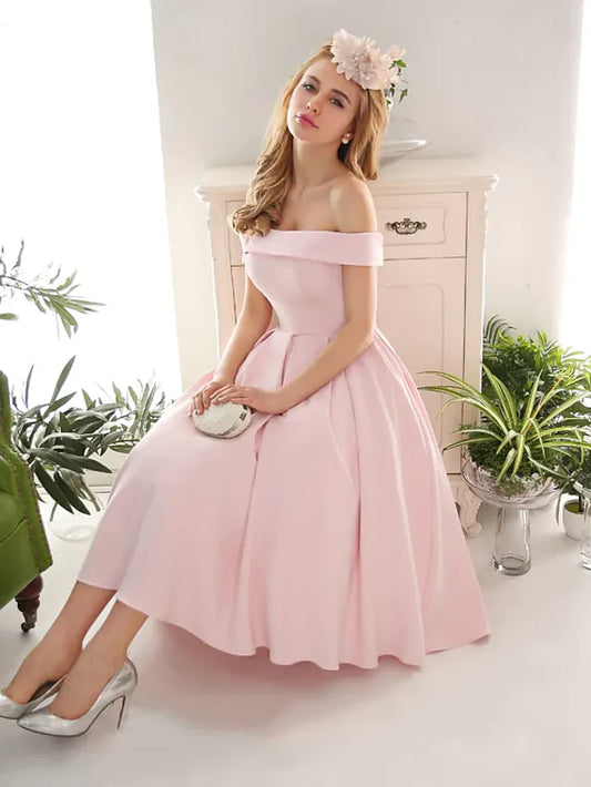 A-Line Elegant Vintage Engagement Cocktail Party Dress Off Shoulder Sleeveless Tea Length Stretch Fabric with Pleats