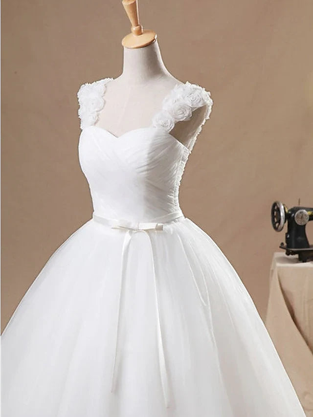 Ball Gown Wedding Dresses Jewel Neck Floor Length Chiffon Tulle Sleeveless Formal with Ruched Appliques