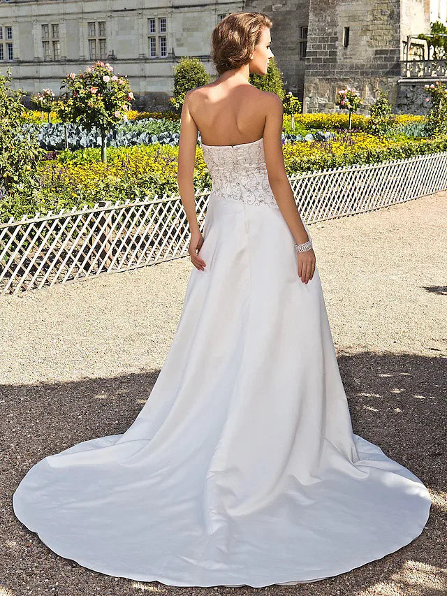 Princess A-Line Floor Length Wedding Dresses Strapless Chapel Train Satin Sleeveless With Embroidery
