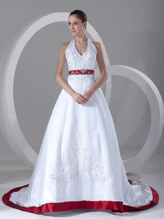 A-Line Wedding Dresses Halter Neck Chapel Train Satin Regular Straps with Sashes Ribbons Beading Embroidery