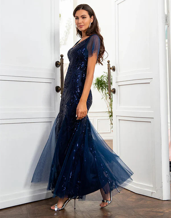 Navy blue sequin fish tail mother of the bride dress Sparkly Evening Dress