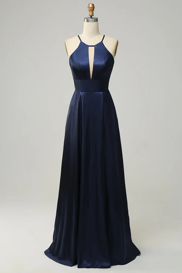 Navy Blue Hanging Neck Satin Open Back Long Bridesmaid Dress Sexy