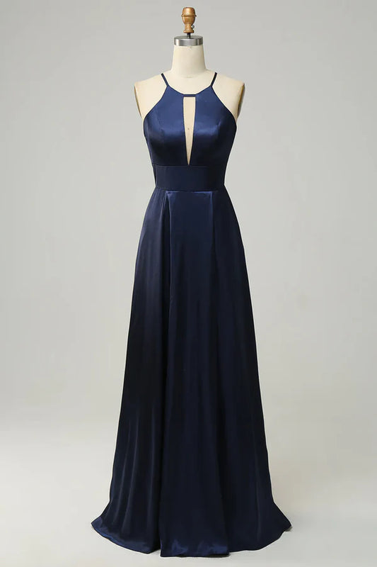 Navy Blue Hanging Neck Satin Open Back Long Bridesmaid Dress Sexy