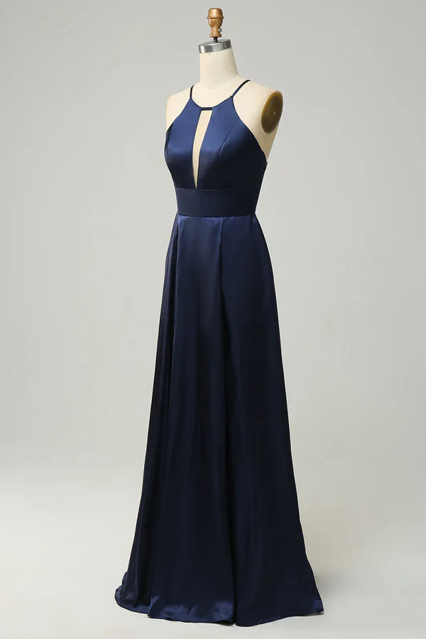 Navy Blue Hanging Neck Satin Open Back Long Bridesmaid Dress Sexy