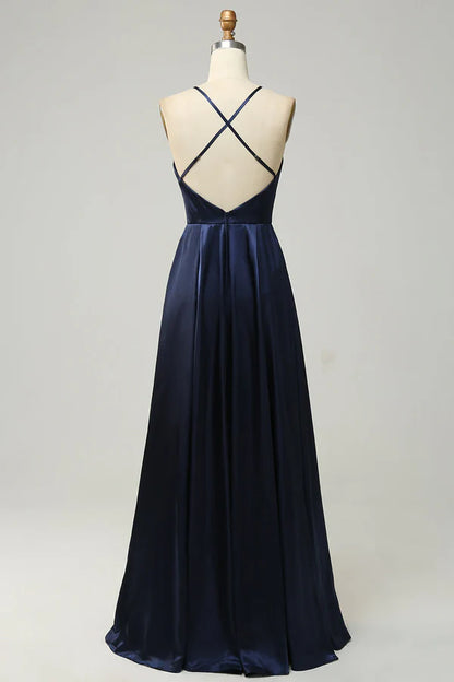 Navy Blue Hanging Neck Satin Open Back Long Bridesmaid Dress Sexy