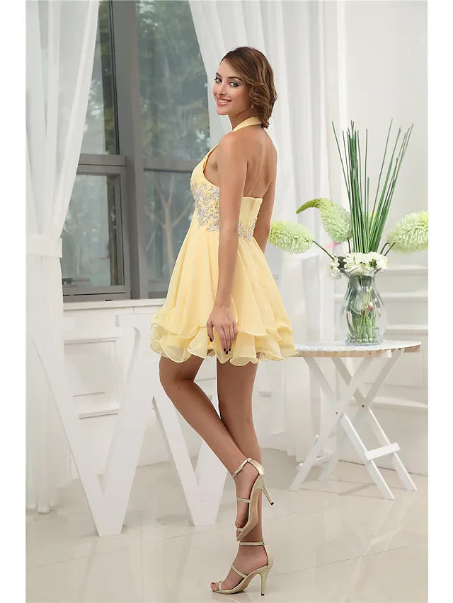 A-Line Elegant Party Wear Wedding Guest Cocktail Party Dress Halter Neck Sleeveless Short Mini Chiffon with Beading