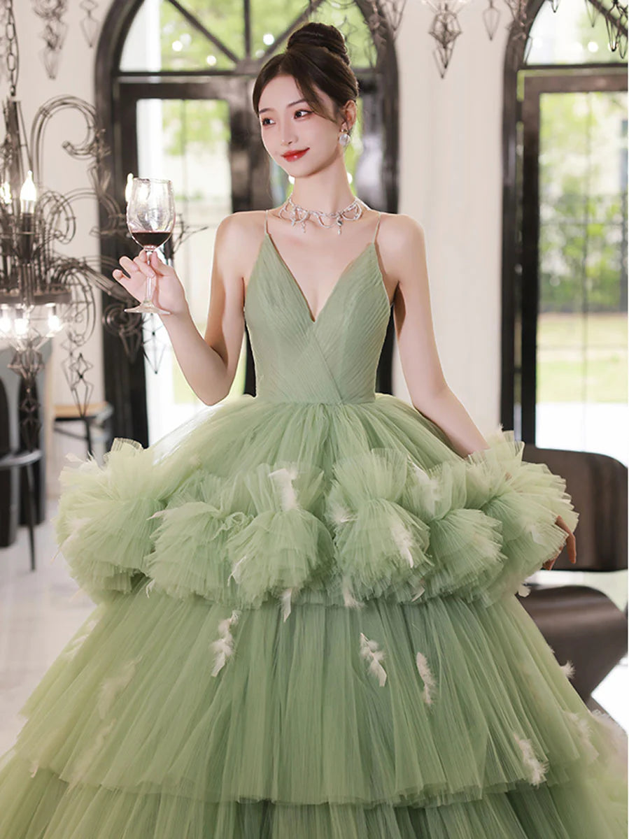 Ball Gown Quinceanera Dresses Princess Dress V Neck Tulle Long Prom Dress Green Tulle Sweet 16 Dress