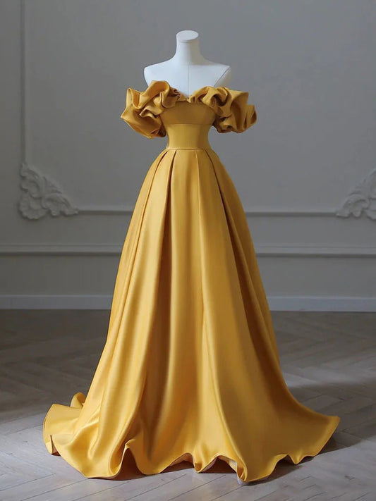 A-Line Satin Off The Shoulder Long Yellow Long Bridesmaid Dress Formal Dresses