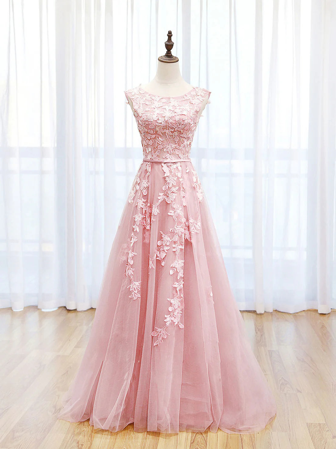 A-Line Lace Pink Long Prom Dress Bridesmaid Dress Formal Dresses With Appliques