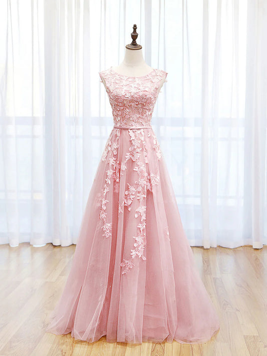 A-Line Lace Pink Long Prom Dress Bridesmaid Dress Formal Dresses With Appliques