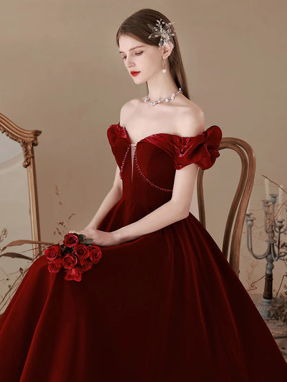 A-Line Off Shoulder Velvet Burgundy Long Prom Dress Bridesmaid Dress Formal Dresses