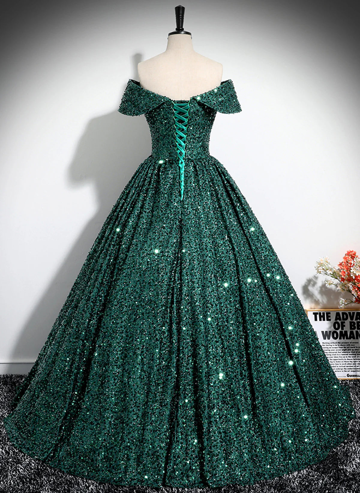 Glitter Sparking A-Line Off Shoulder V-Neck Ball Gown Party Dress Long Prom Dress With Sequins