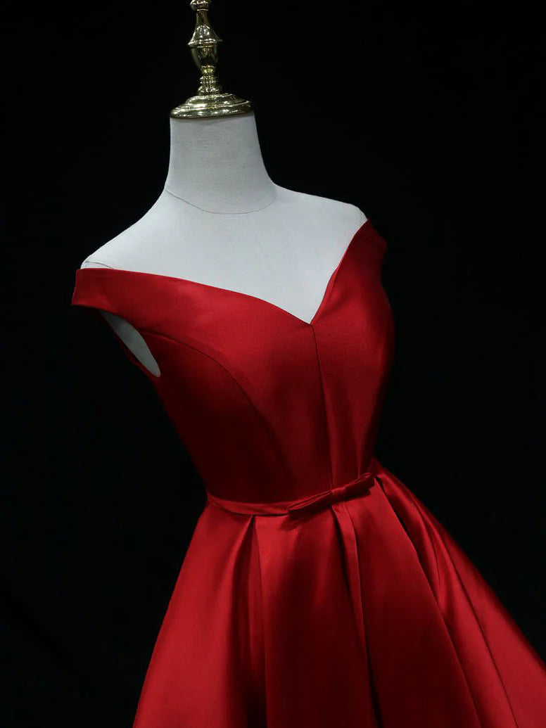 A line Satin Red Floor Length Bridesmaid Dress Formal Dresses