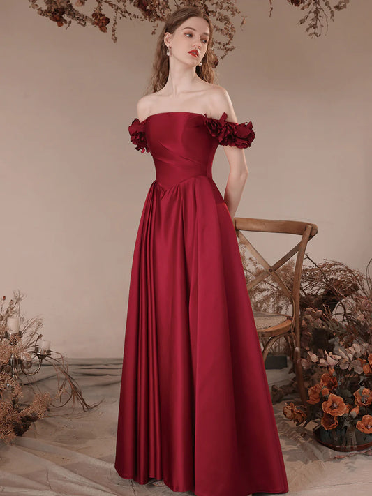 A-Line Off Shoulder Satin Long Prom Dress Bridesmaid Dress Formal Dresses