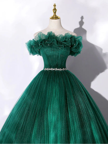 Ball Gown Quinceanera Dresses Princess Dress Green Tulle Off Shoulder Long Prom Dress Green Tulle Sweet 16 Dress