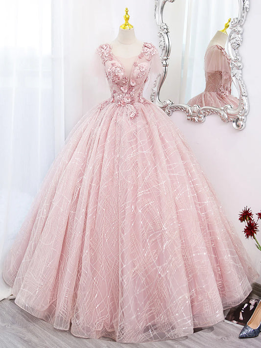 A-Line Ball Gown Quinceanera Dresses Princess Dress Tulle Lace Applique Pink Long Prom Dress, Pink Lace Sweet Dress