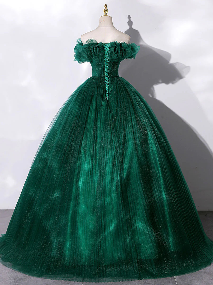 Ball Gown Quinceanera Dresses Princess Dress Green Tulle Off Shoulder Long Prom Dress Green Tulle Sweet 16 Dress