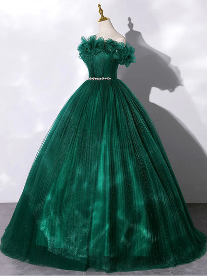 Ball Gown Quinceanera Dresses Princess Dress Green Tulle Off Shoulder Long Prom Dress Green Tulle Sweet 16 Dress