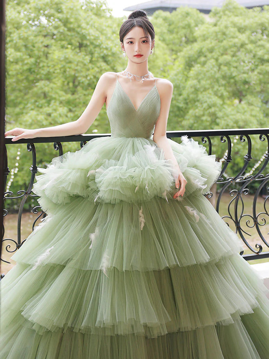 Ball Gown Quinceanera Dresses Princess Dress V Neck Tulle Long Prom Dress Green Tulle Sweet 16 Dress
