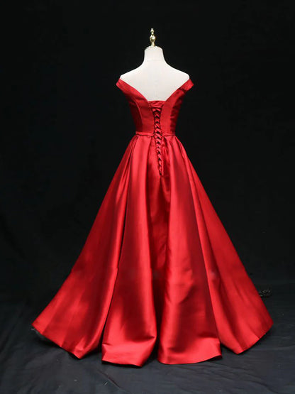 A line Satin Red Floor Length Bridesmaid Dress Formal Dresses