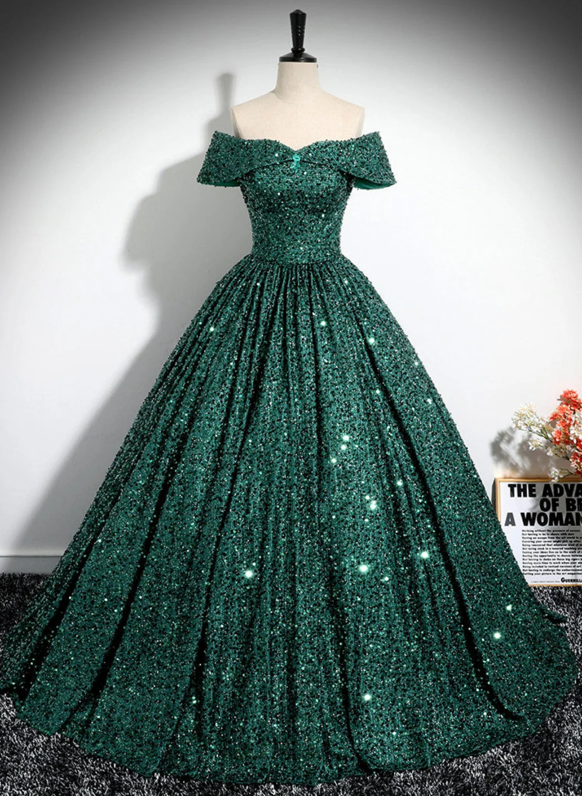 Glitter Sparking A-Line Off Shoulder V-Neck Ball Gown Party Dress Long Prom Dress With Sequins