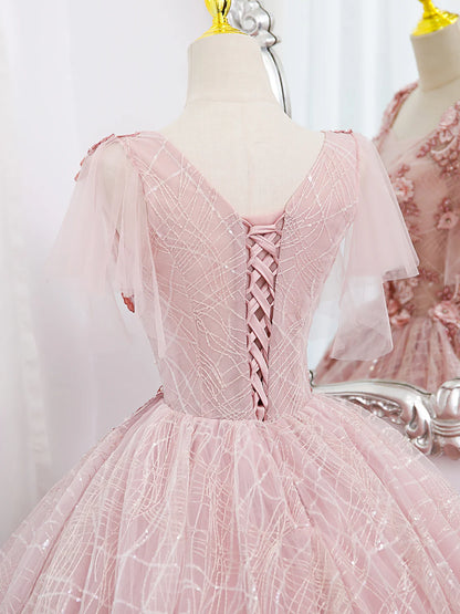 A-Line Ball Gown Quinceanera Dresses Princess Dress Tulle Lace Applique Pink Long Prom Dress, Pink Lace Sweet Dress