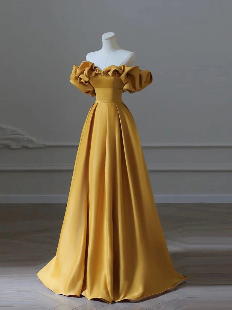 A-Line Satin Off The Shoulder Long Yellow Long Bridesmaid Dress Formal Dresses