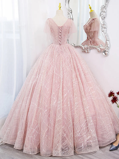 A-Line Ball Gown Quinceanera Dresses Princess Dress Tulle Lace Applique Pink Long Prom Dress, Pink Lace Sweet Dress