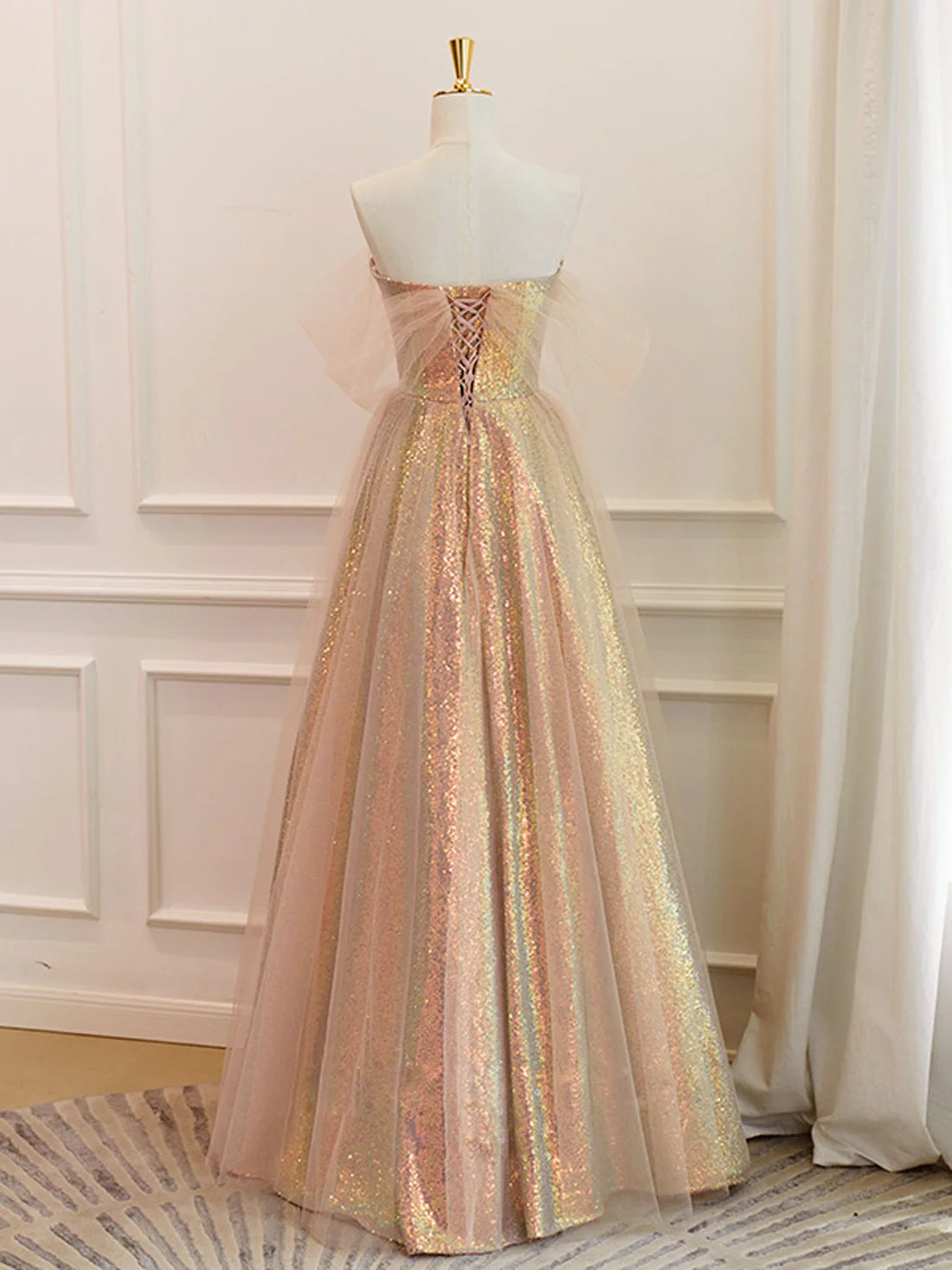 A-Line Sweetheart Neck Gold Sequin Long Prom Dress Bridesmaid Dress Formal Dresses