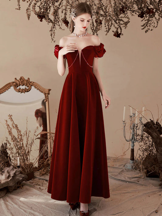 A-Line Off Shoulder Velvet Burgundy Long Prom Dress Bridesmaid Dress Formal Dresses