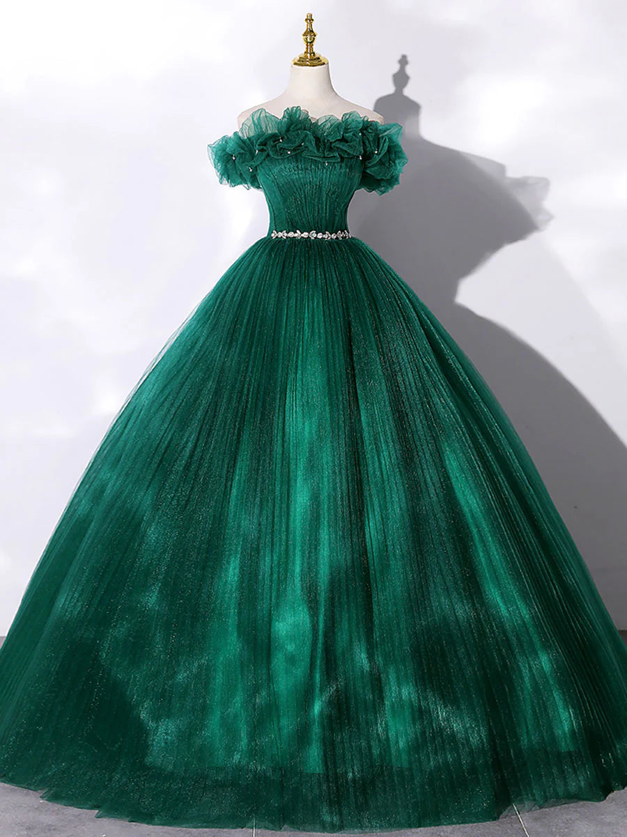 Ball Gown Quinceanera Dresses Princess Dress Green Tulle Off Shoulder Long Prom Dress Green Tulle Sweet 16 Dress