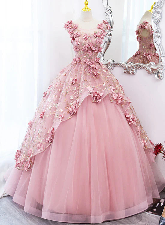 A-Line Evening Gown Quinceanera Floor Length Lovely Pink Tulle Long Party Dress With 3D Flowers Sweet 16 Gown