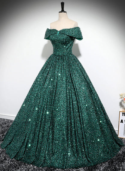 Glitter Sparking A-Line Off Shoulder V-Neck Ball Gown Party Dress Long Prom Dress With Sequins