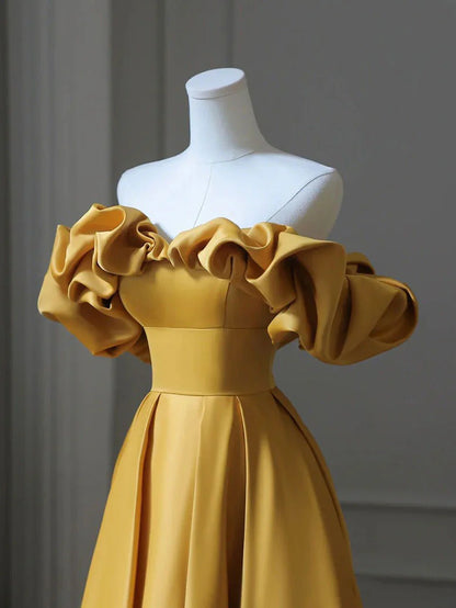 A-Line Satin Off The Shoulder Long Yellow Long Bridesmaid Dress Formal Dresses