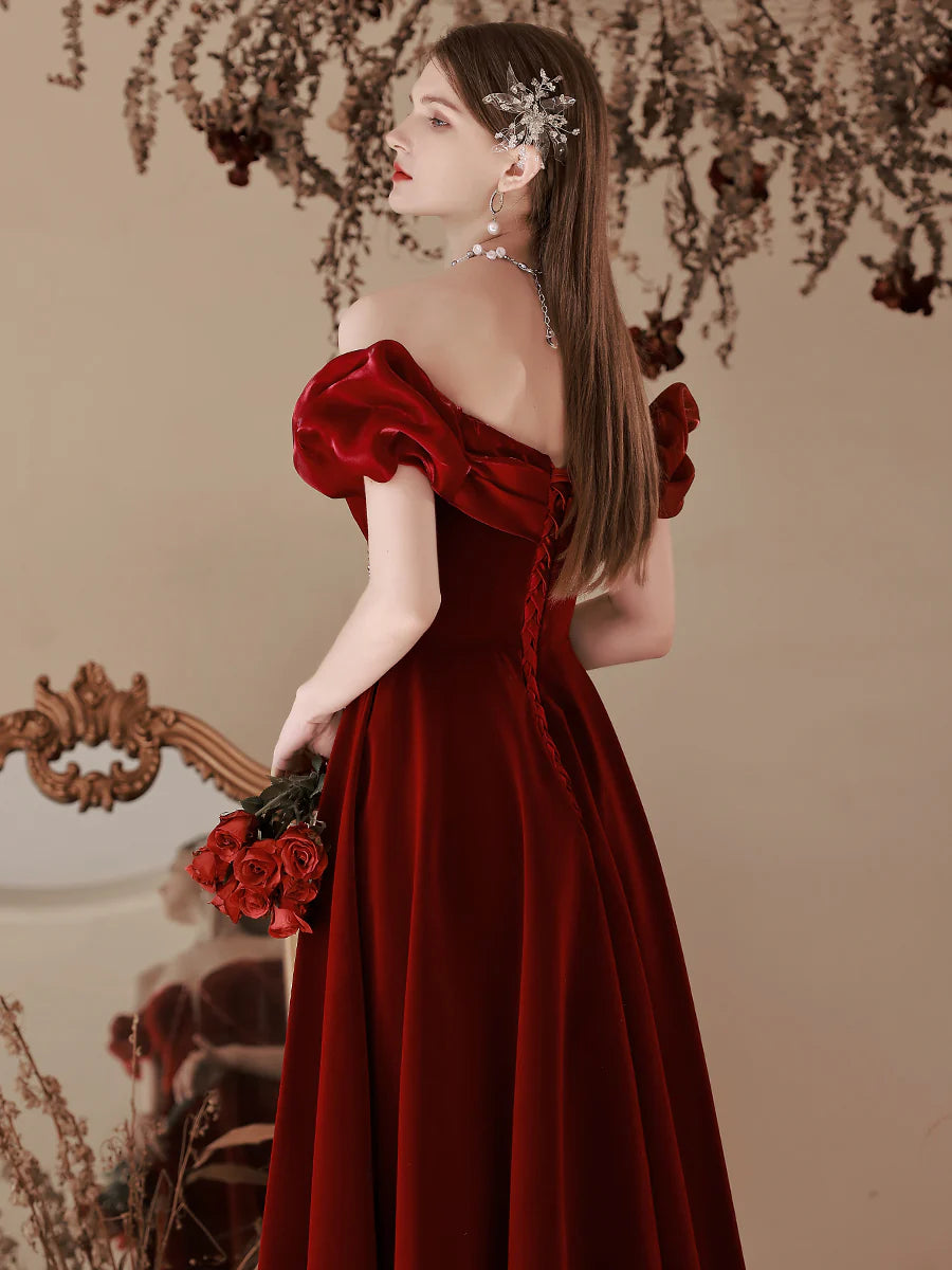 A-Line Off Shoulder Velvet Burgundy Long Prom Dress Bridesmaid Dress Formal Dresses