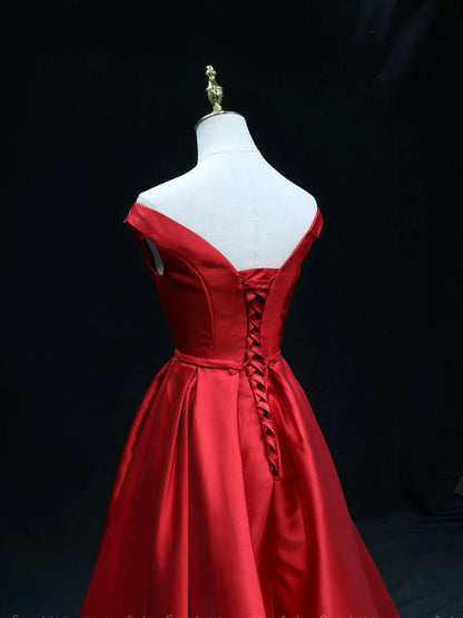 A line Satin Red Floor Length Bridesmaid Dress Formal Dresses