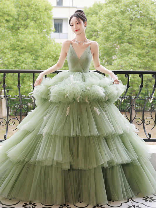 Ball Gown Quinceanera Dresses Princess Dress V Neck Tulle Long Prom Dress Green Tulle Sweet 16 Dress