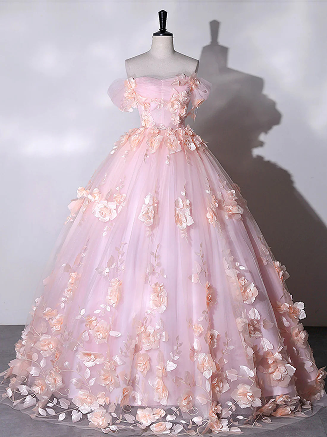 Ball Gown Quinceanera Dresses Princess Dress Pink Off Shoulder Tulle Lace Applique Long Prom Dress, Pink Sweet Dress