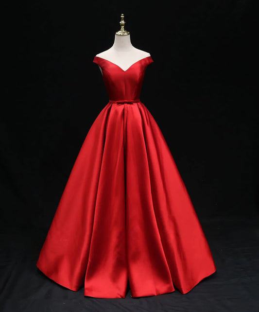 A line Satin Red Floor Length Bridesmaid Dress Formal Dresses