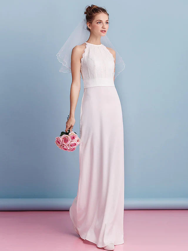 Wedding Dresses Halter Neck Floor Length Chiffon Lace Regular Straps Floral Lace with Lace Sash Ribbon